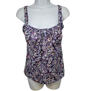 Lands' End Tie Front Underwire Tankini Top Deep Sea Navy Retro Paisley Size 6D